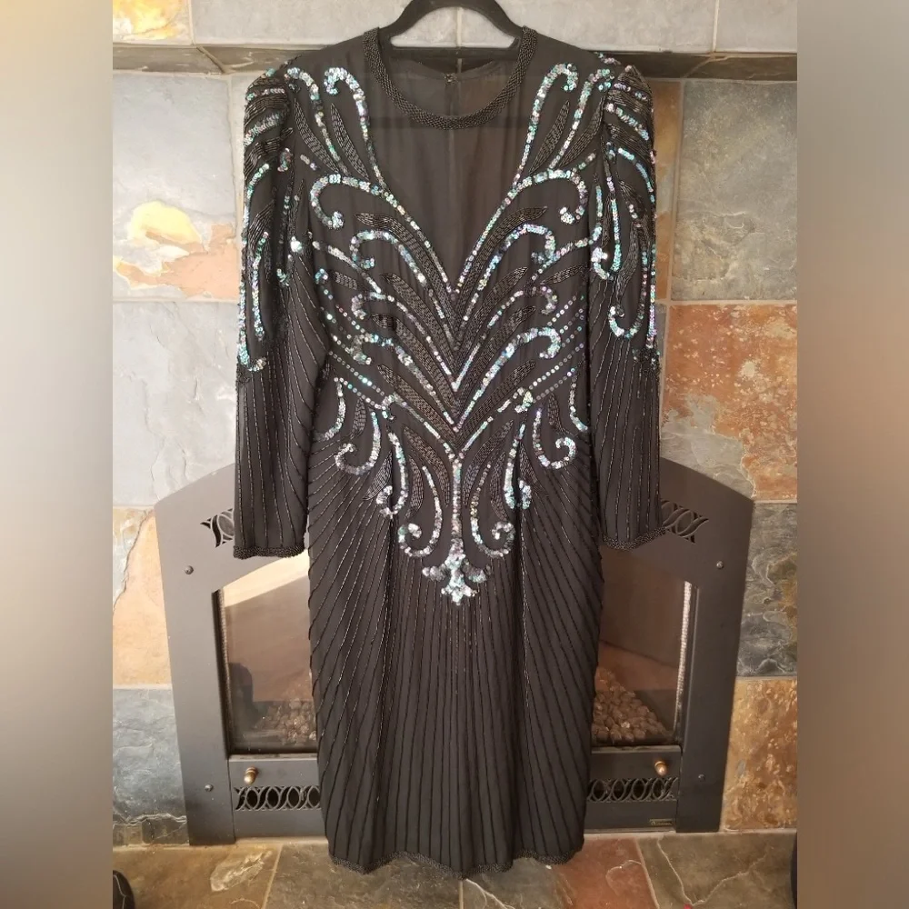 AJ Bari Beaded Silk Formal Dress With Illusion Neck and Long Sleeves Midi Length